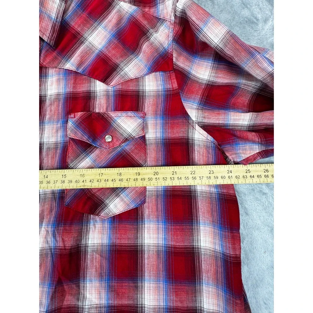 Wrangler Mens Western Shirt XL Red Plaid Pearl Snap Short Sleeve Cotton Blend